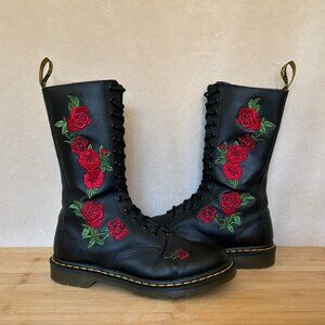 Dr Martens VONDA J Tall Lace Up Red Roses Combat Boots | Size 10 US